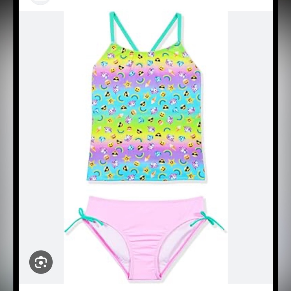 Girls Rainbow Emoji Tankini Set - Pastel Pink & Aqua